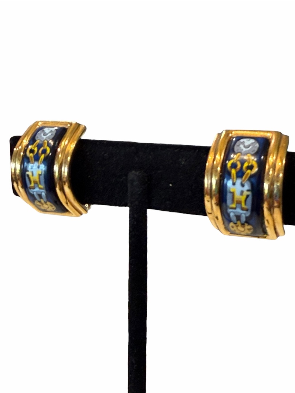 Hermes Gold-Tone Hoop Earrings with Blue Enamel Motif